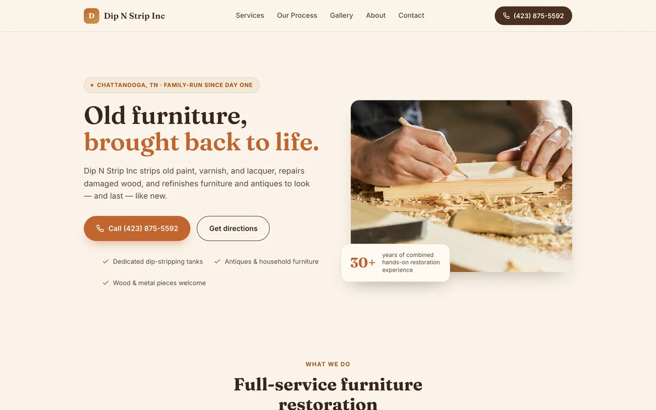 Furniture restoration website with a warm cream layout and woodworking photo