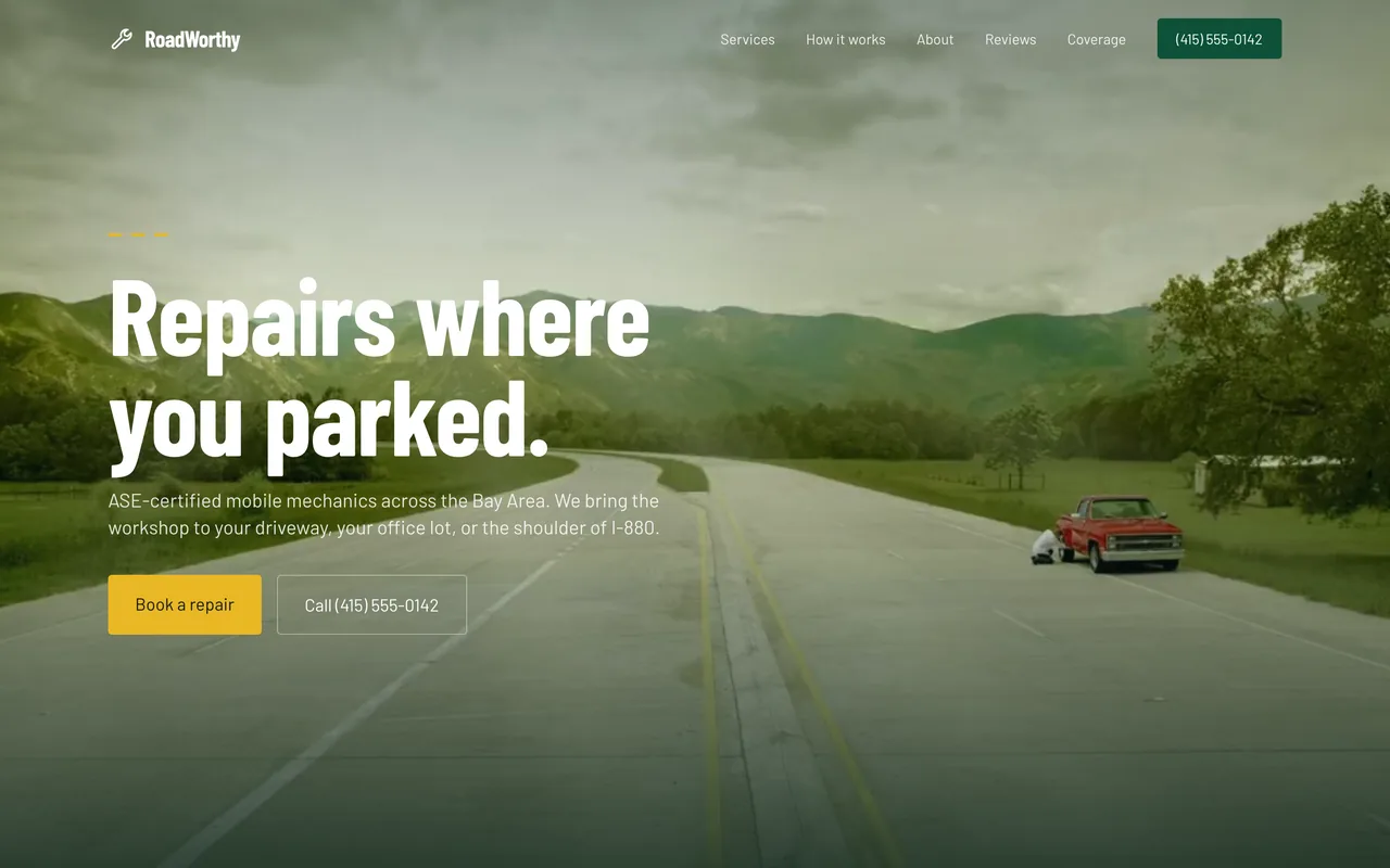 Mobile mechanic website with a bold headline over a country road
