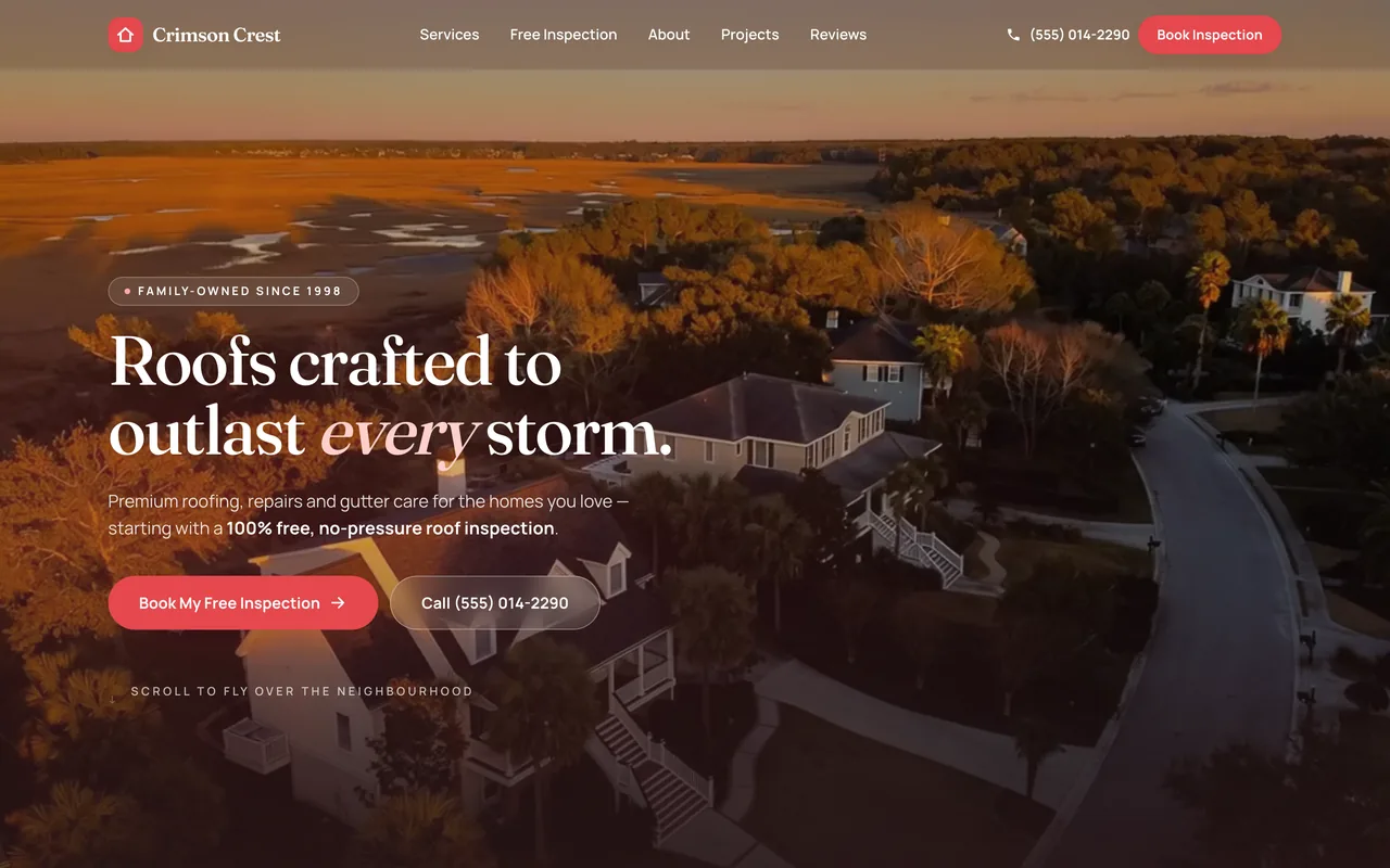 Roofing company website with an aerial sunset neighbourhood hero