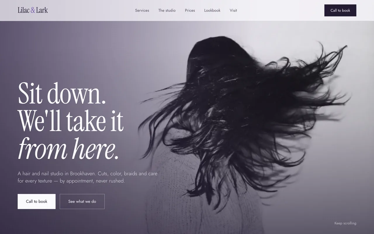 Hair and nail studio website with an elegant serif headline and flowing hair photo